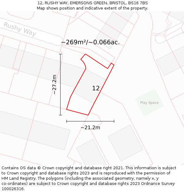 12, RUSHY WAY, EMERSONS GREEN, BRISTOL, BS16 7BS: Plot and title map