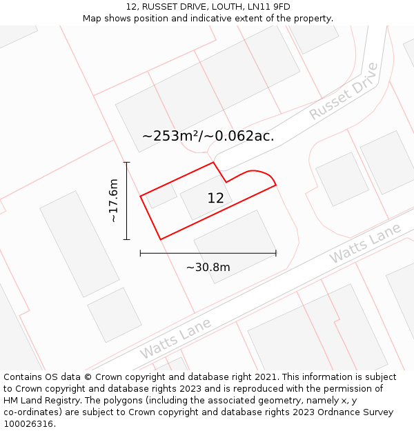 12, RUSSET DRIVE, LOUTH, LN11 9FD: Plot and title map