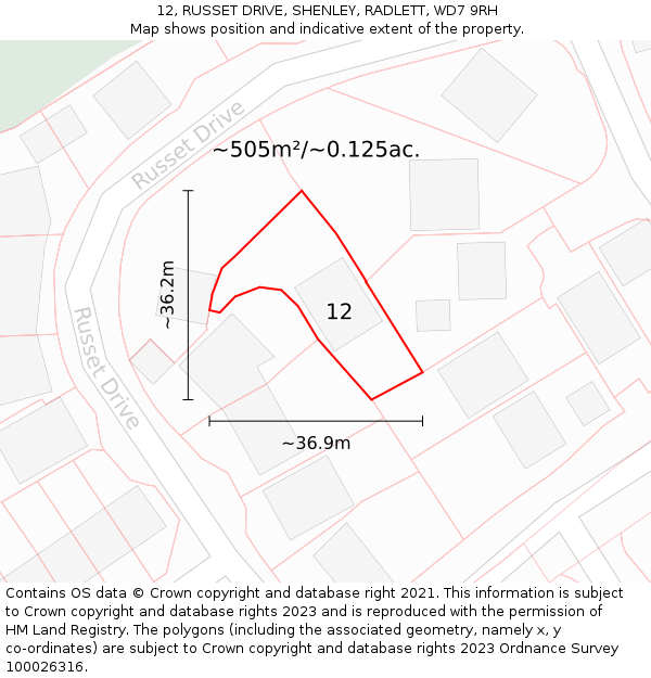 12, RUSSET DRIVE, SHENLEY, RADLETT, WD7 9RH: Plot and title map