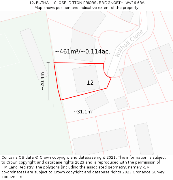 12, RUTHALL CLOSE, DITTON PRIORS, BRIDGNORTH, WV16 6RA: Plot and title map