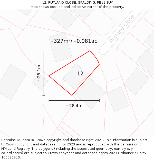 12, RUTLAND CLOSE, SPALDING, PE11 1UY: Plot and title map