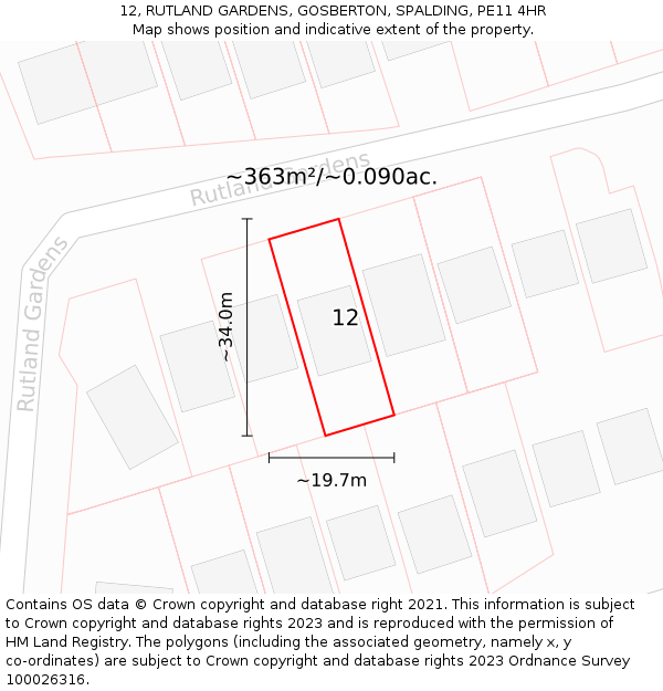 12, RUTLAND GARDENS, GOSBERTON, SPALDING, PE11 4HR: Plot and title map