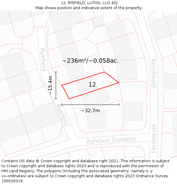 12, RYEFIELD, LUTON, LU3 4DJ: Plot and title map