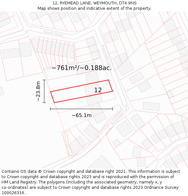 12, RYEMEAD LANE, WEYMOUTH, DT4 9NS: Plot and title map