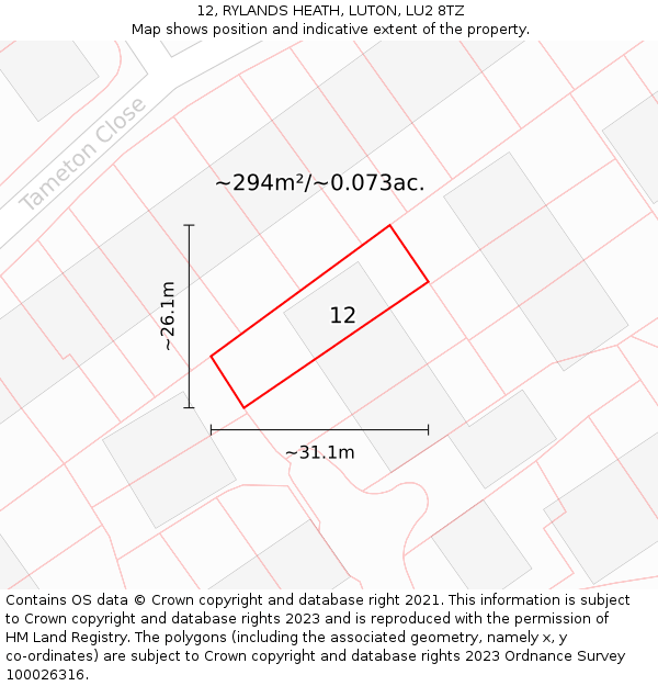 12, RYLANDS HEATH, LUTON, LU2 8TZ: Plot and title map