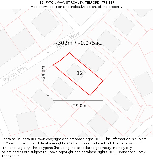 12, RYTON WAY, STIRCHLEY, TELFORD, TF3 1ER: Plot and title map