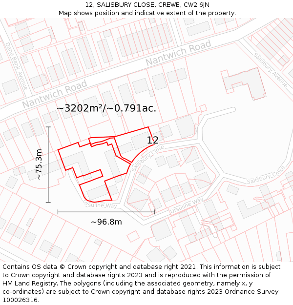 12, SALISBURY CLOSE, CREWE, CW2 6JN: Plot and title map