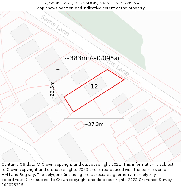 12, SAMS LANE, BLUNSDON, SWINDON, SN26 7AY: Plot and title map