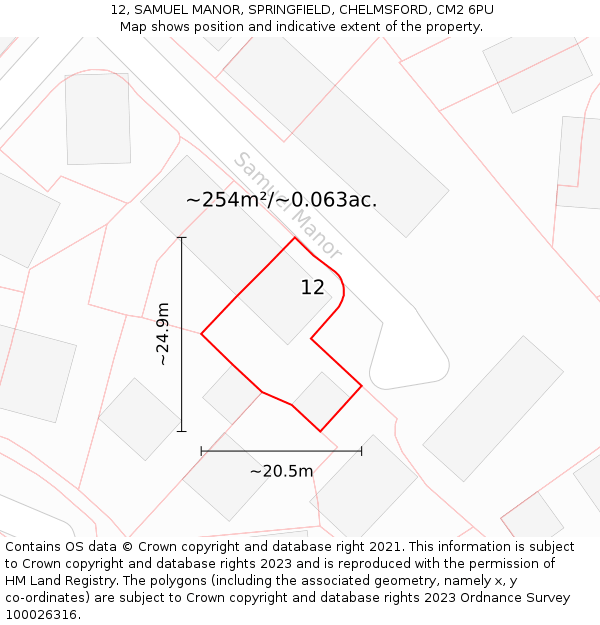 12, SAMUEL MANOR, SPRINGFIELD, CHELMSFORD, CM2 6PU: Plot and title map
