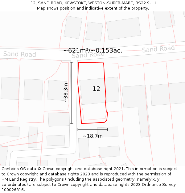 12, SAND ROAD, KEWSTOKE, WESTON-SUPER-MARE, BS22 9UH: Plot and title map