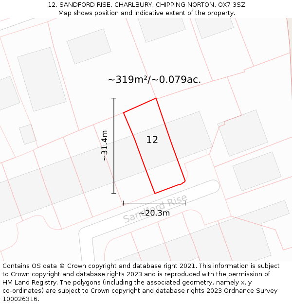 12, SANDFORD RISE, CHARLBURY, CHIPPING NORTON, OX7 3SZ: Plot and title map