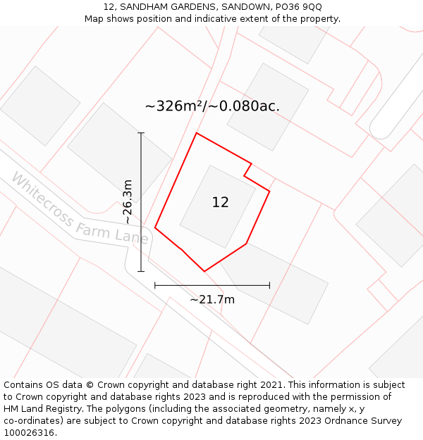 12, SANDHAM GARDENS, SANDOWN, PO36 9QQ: Plot and title map