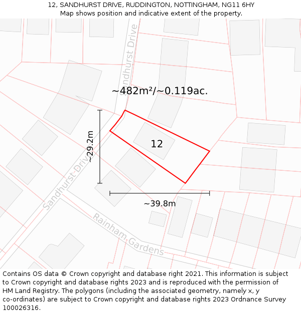 12, SANDHURST DRIVE, RUDDINGTON, NOTTINGHAM, NG11 6HY: Plot and title map