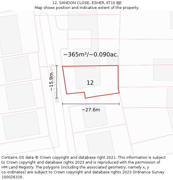 12, SANDON CLOSE, ESHER, KT10 8JE: Plot and title map