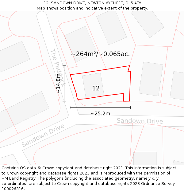 12, SANDOWN DRIVE, NEWTON AYCLIFFE, DL5 4TA: Plot and title map