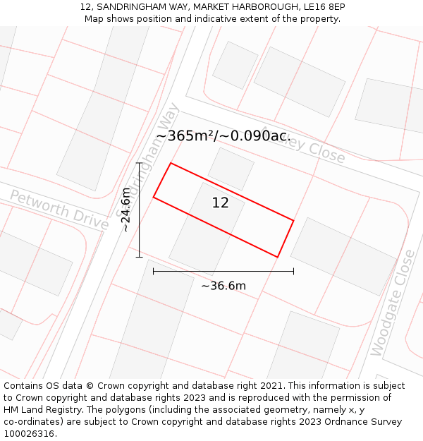 12, SANDRINGHAM WAY, MARKET HARBOROUGH, LE16 8EP: Plot and title map