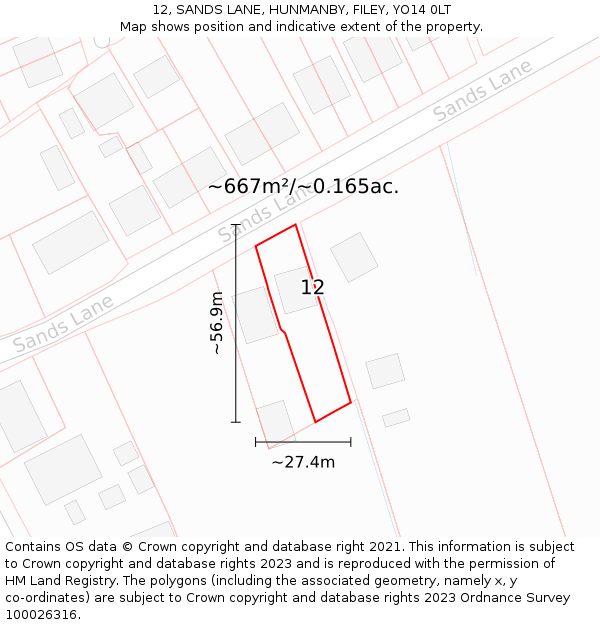 12, SANDS LANE, HUNMANBY, FILEY, YO14 0LT: Plot and title map