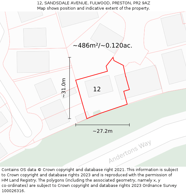 12, SANDSDALE AVENUE, FULWOOD, PRESTON, PR2 9AZ: Plot and title map