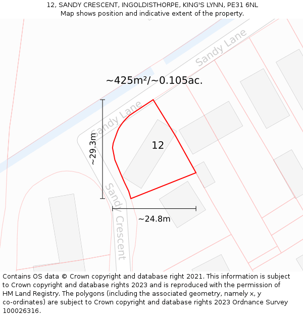 12, SANDY CRESCENT, INGOLDISTHORPE, KING'S LYNN, PE31 6NL: Plot and title map