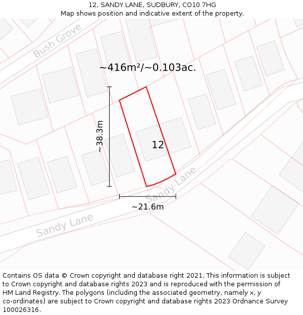 12, SANDY LANE, SUDBURY, CO10 7HG: Plot and title map