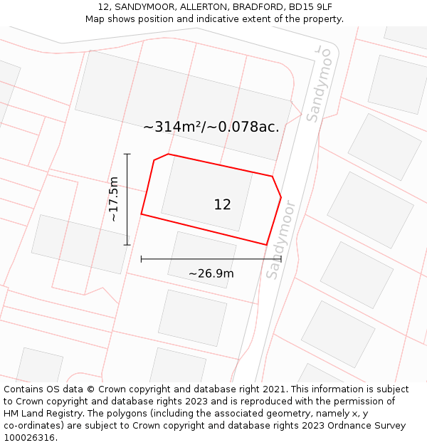 12, SANDYMOOR, ALLERTON, BRADFORD, BD15 9LF: Plot and title map