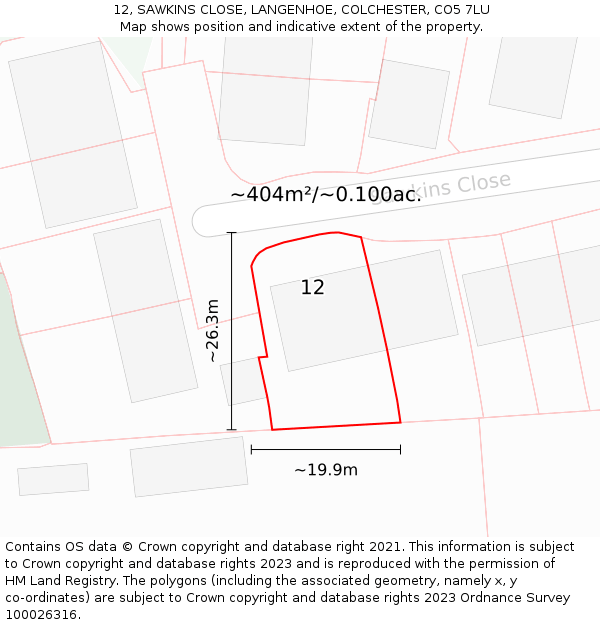 12, SAWKINS CLOSE, LANGENHOE, COLCHESTER, CO5 7LU: Plot and title map