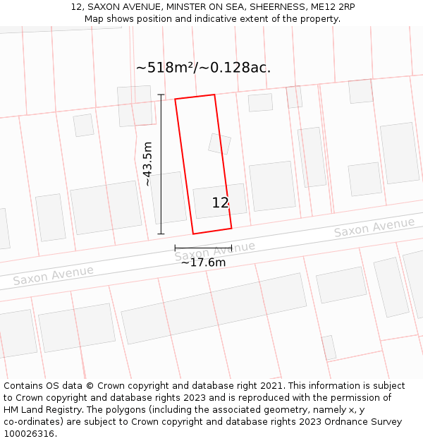 12, SAXON AVENUE, MINSTER ON SEA, SHEERNESS, ME12 2RP: Plot and title map