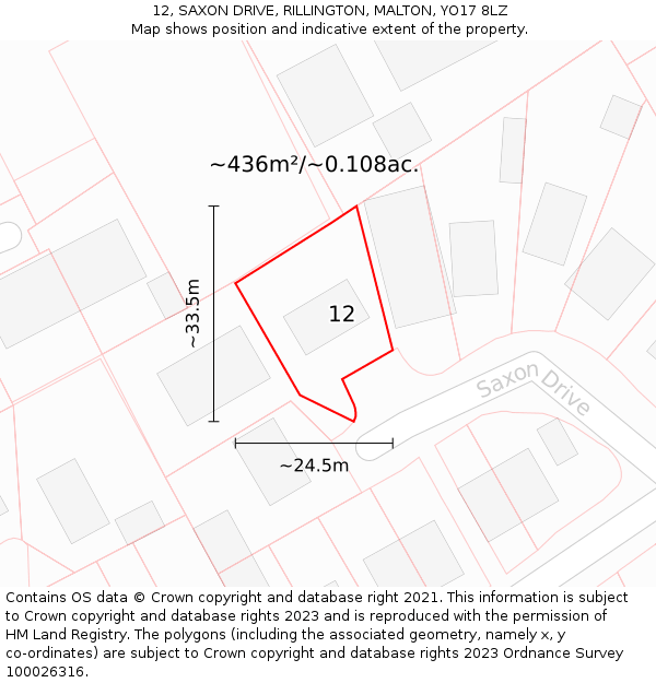 12, SAXON DRIVE, RILLINGTON, MALTON, YO17 8LZ: Plot and title map