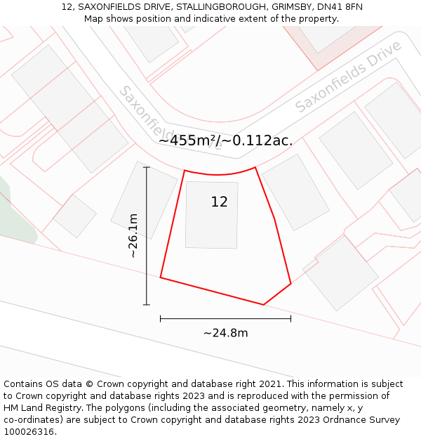 12, SAXONFIELDS DRIVE, STALLINGBOROUGH, GRIMSBY, DN41 8FN: Plot and title map