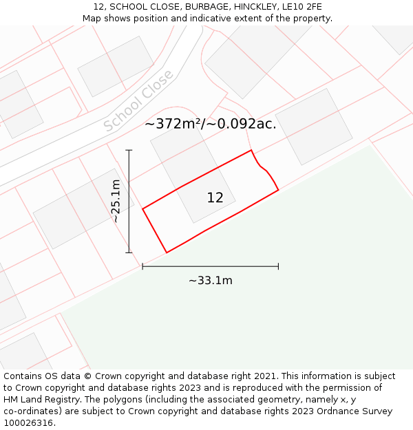 12, SCHOOL CLOSE, BURBAGE, HINCKLEY, LE10 2FE: Plot and title map