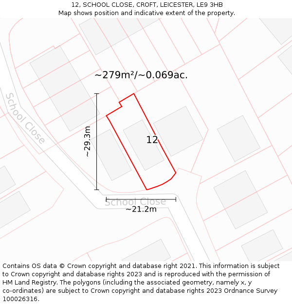 12, SCHOOL CLOSE, CROFT, LEICESTER, LE9 3HB: Plot and title map