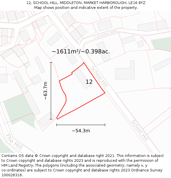 12, SCHOOL HILL, MIDDLETON, MARKET HARBOROUGH, LE16 8YZ: Plot and title map