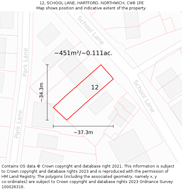 12, SCHOOL LANE, HARTFORD, NORTHWICH, CW8 1PE: Plot and title map