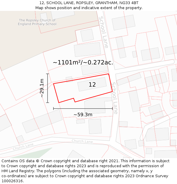 12, SCHOOL LANE, ROPSLEY, GRANTHAM, NG33 4BT: Plot and title map