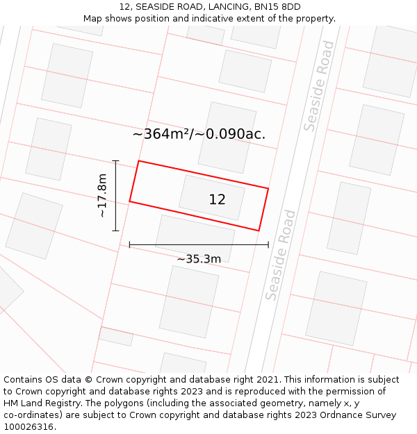 12, SEASIDE ROAD, LANCING, BN15 8DD: Plot and title map