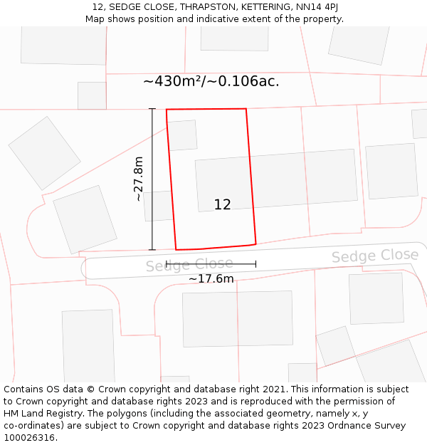 12, SEDGE CLOSE, THRAPSTON, KETTERING, NN14 4PJ: Plot and title map