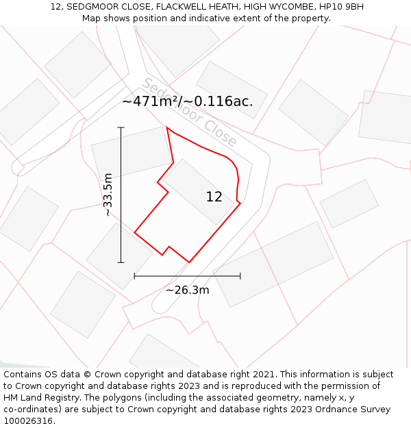 12, SEDGMOOR CLOSE, FLACKWELL HEATH, HIGH WYCOMBE, HP10 9BH: Plot and title map