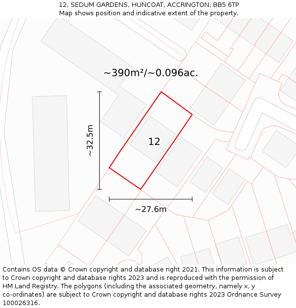 12, SEDUM GARDENS, HUNCOAT, ACCRINGTON, BB5 6TP: Plot and title map