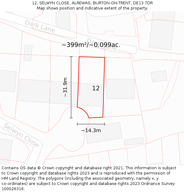 12, SELWYN CLOSE, ALREWAS, BURTON-ON-TRENT, DE13 7DR: Plot and title map