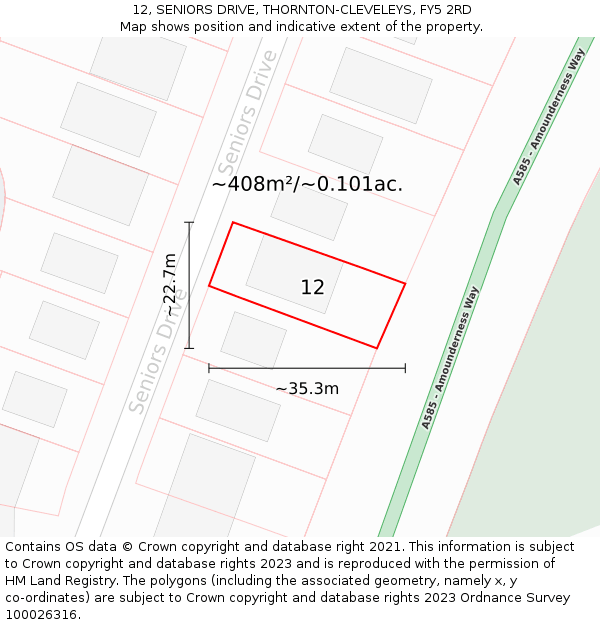 12, SENIORS DRIVE, THORNTON-CLEVELEYS, FY5 2RD: Plot and title map