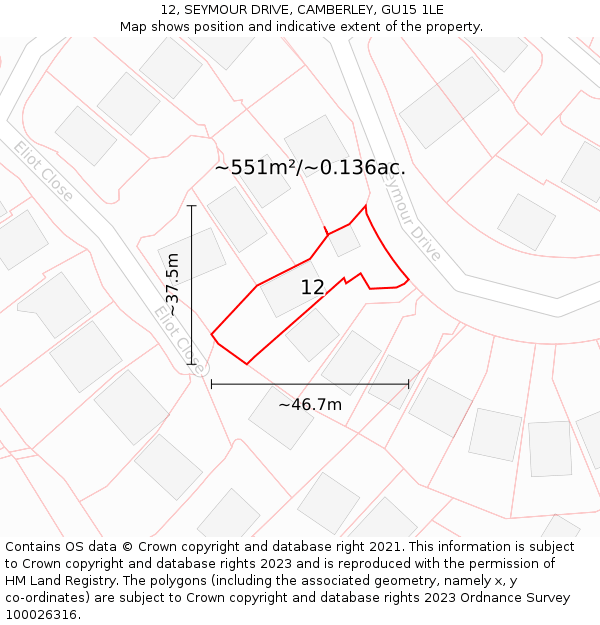 12, SEYMOUR DRIVE, CAMBERLEY, GU15 1LE: Plot and title map