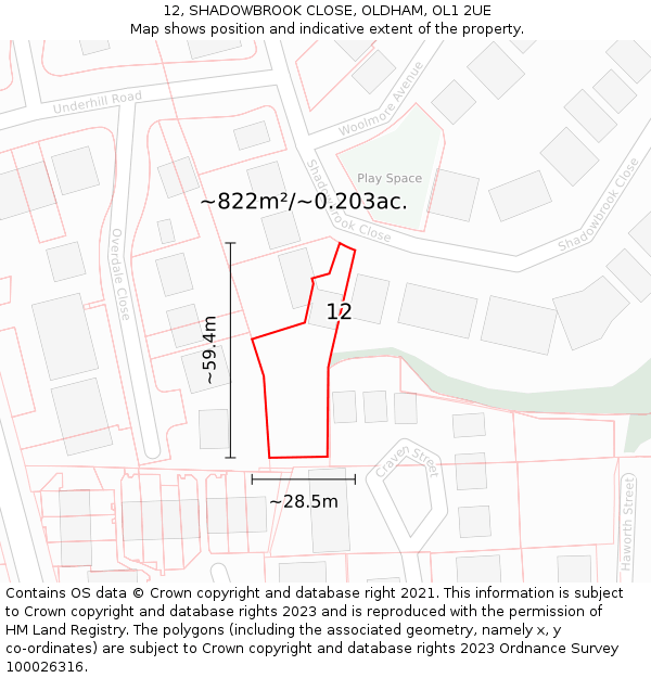 12, SHADOWBROOK CLOSE, OLDHAM, OL1 2UE: Plot and title map