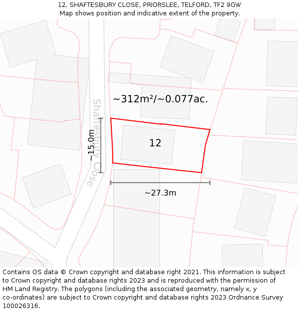 12, SHAFTESBURY CLOSE, PRIORSLEE, TELFORD, TF2 9GW: Plot and title map