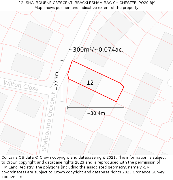 12, SHALBOURNE CRESCENT, BRACKLESHAM BAY, CHICHESTER, PO20 8JY: Plot and title map