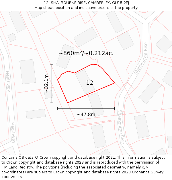 12, SHALBOURNE RISE, CAMBERLEY, GU15 2EJ: Plot and title map