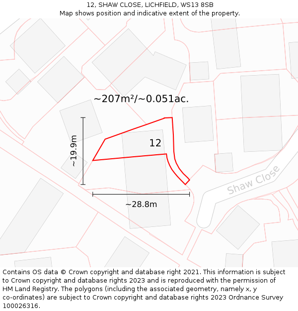 12, SHAW CLOSE, LICHFIELD, WS13 8SB: Plot and title map