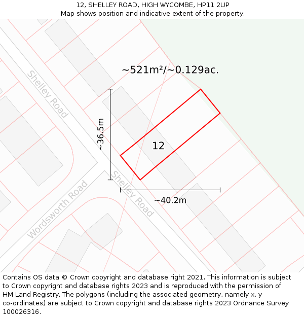 12, SHELLEY ROAD, HIGH WYCOMBE, HP11 2UP: Plot and title map