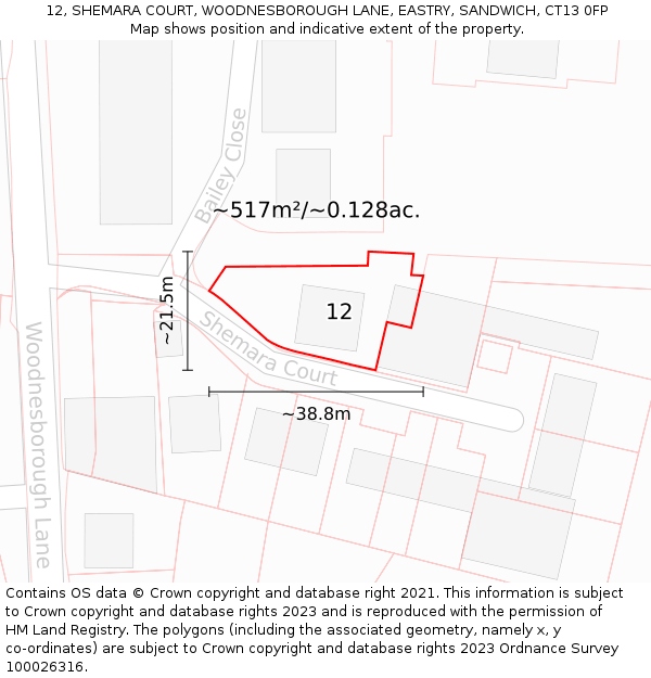 12, SHEMARA COURT, WOODNESBOROUGH LANE, EASTRY, SANDWICH, CT13 0FP: Plot and title map