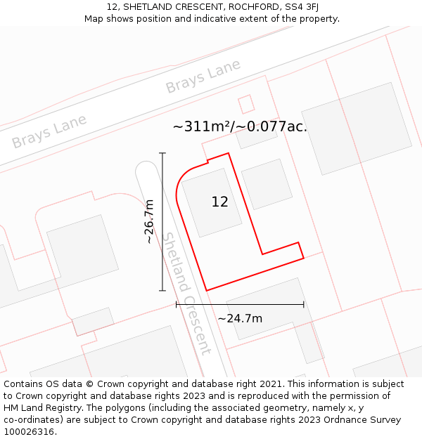 12, SHETLAND CRESCENT, ROCHFORD, SS4 3FJ: Plot and title map