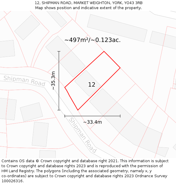 12, SHIPMAN ROAD, MARKET WEIGHTON, YORK, YO43 3RB: Plot and title map